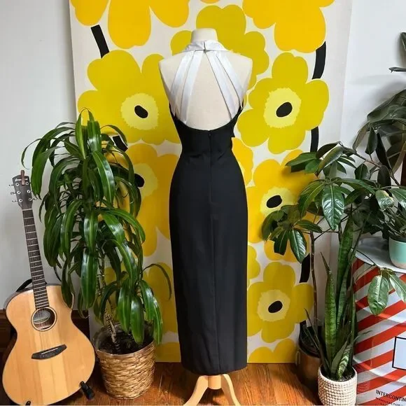 Vintage 1980s 1990s Beaded Tuxedo Wiggle Strappy Back Cigarette Style Gown - Picture 3 of 11